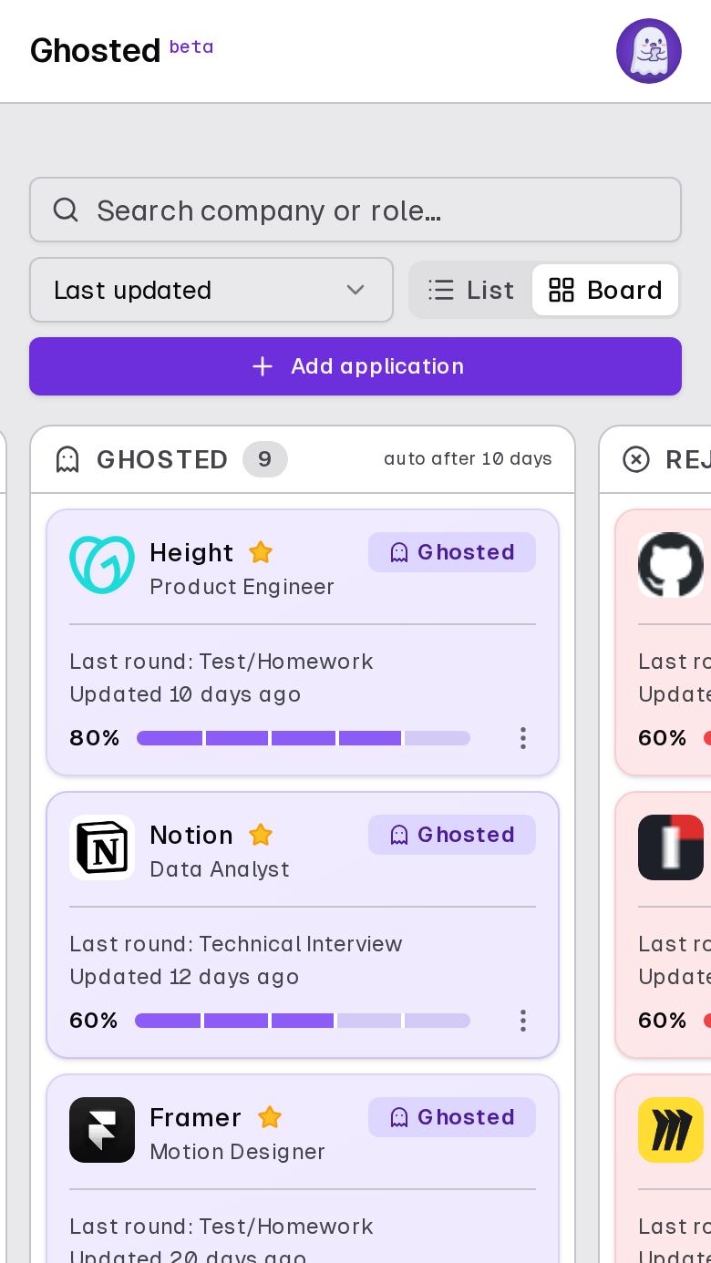 The Ghosted dashboard on a phone: the board view, with applications as cards per stage.